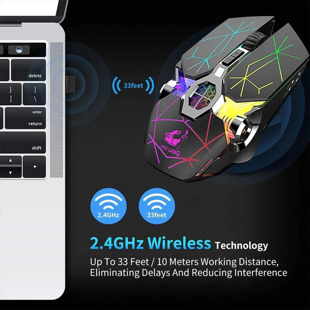 Wireless Gaming Mouse Rechargeable RGB Lights Adjustable DPI Quiet Click Auto Sleep Ergonomic for Gaming or Working