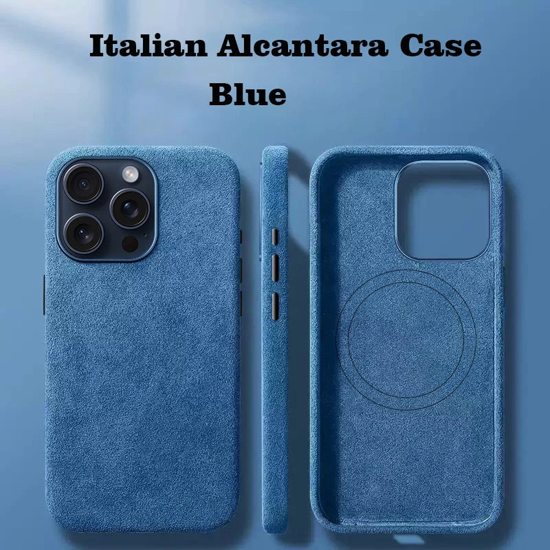 Italian Alcantara Case for Iphone 15 Pro Max Soft Leather Phone Back Cover for Iphone 15 Pro Magnets for Magsafe Grey Blue
